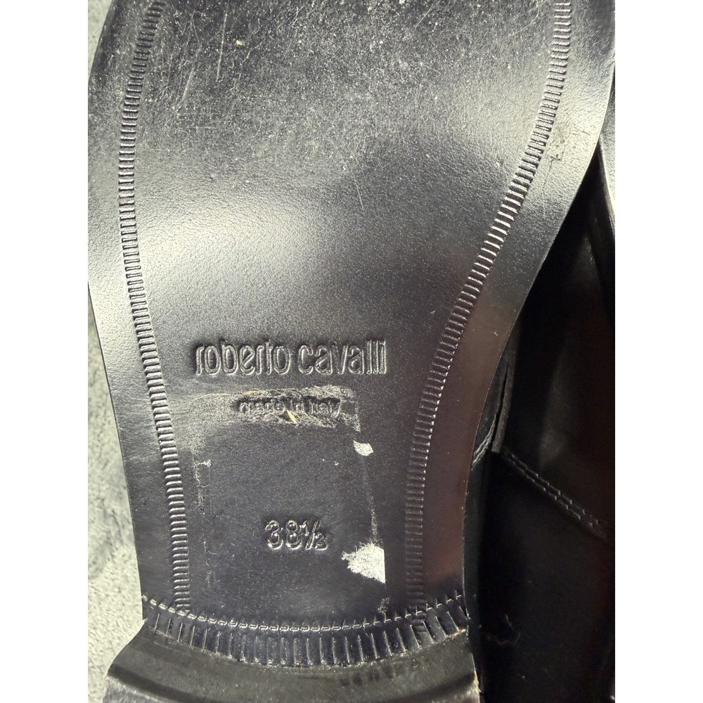 Roberto Cavalli Women 38.5 Black Leather Loafers Gold Logo Made in Italy - Picture 10 of 13